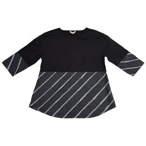 MarketPlace Handwork of India Top Cotton 3/4 Sleeves Black Gray Artsy Medium